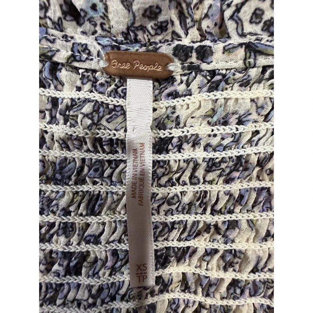 Free People Long Sleeve Floral Smocked Blouse Blue Size XS